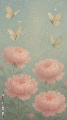 Delicate pink peonies bloom under a soft blue sky mobile wallpaper