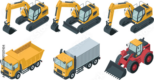construction machinery set isometric excavator dump truck tractor loader container transport heavy equipment industrial vehicles vector illustration isolated