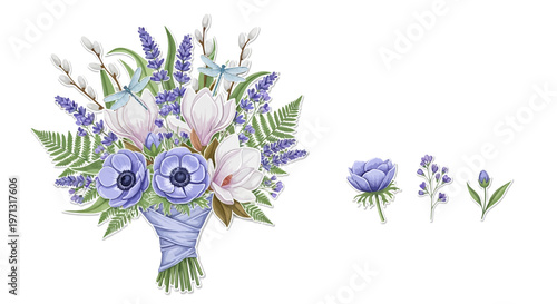 Watercolor floral bouquet with anemones and lavender against a white backdrop