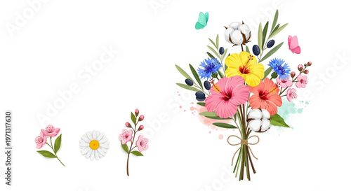 Watercolor floral bouquet with colorful flowers and butterflies on a white background