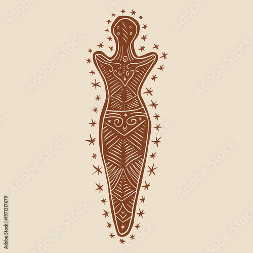 Minimalist Neolithic Mother Goddess, vector clip-art boho sacred feminine abstract figures in linocut engraving style, nature grounding illustration
