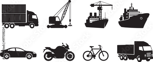 shipping container truck crane ship silhouette set black