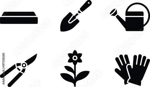 Gardening Tools Icons Set Black Silhouette Isolated on White Background vector illustration