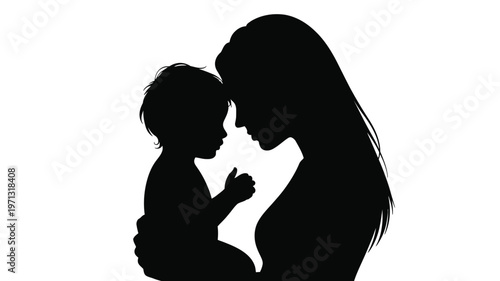 Silhouette of a mother tenderly holding her baby in a minimalist design with soft curves and a serene atmosphere