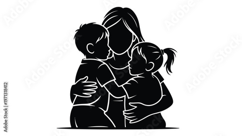 Silhouette of a mother warmly embracing her two children in a tender moment conveying love and family bonding isolated on a clean white background minimalist vector illustration