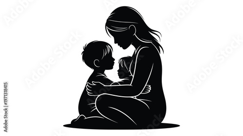 Silhouette of a mother warmly embracing her child in a tender moment depicted in minimalist black and white design conveying love care and maternal bonding