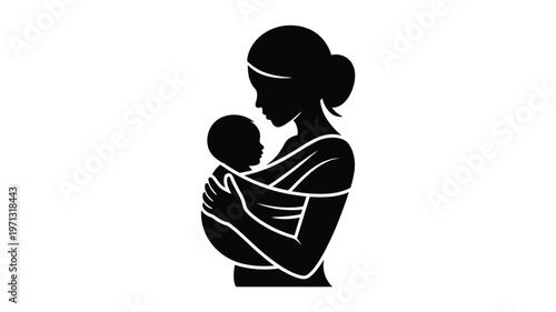 Silhouette of a mother tenderly holding her baby in a minimalist and monochromatic style emphasizing maternal love and bonding