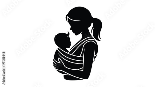 Silhouette of a mother tenderly holding her baby in a wrap black and white design minimalist style isolated on white background
