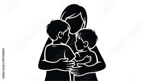 Silhouette of a mother warmly embracing two young children symbolizing love family bonding and maternal care in a minimalist monochromatic design with clean lines and simple shapes