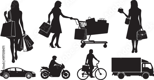 shopping woman bags retail customer silhouette set black