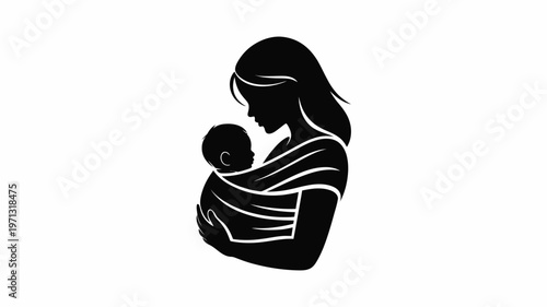 Silhouette of a mother tenderly holding her baby black and white vector illustration for parenting and family themes