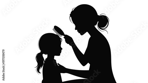 Silhouette of a caring mother gently brushing her young daughter's hair in a tender moment black and white minimalist design emphasizing love and bonding