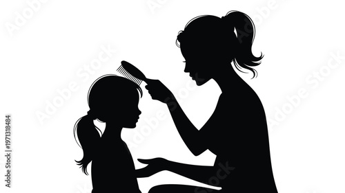 Silhouette of a woman gently brushing the hair of a young girl in a tender moment isolated on a clean white background conveying warmth and care