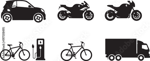 smart transport electric car charging bike silhouette set black.