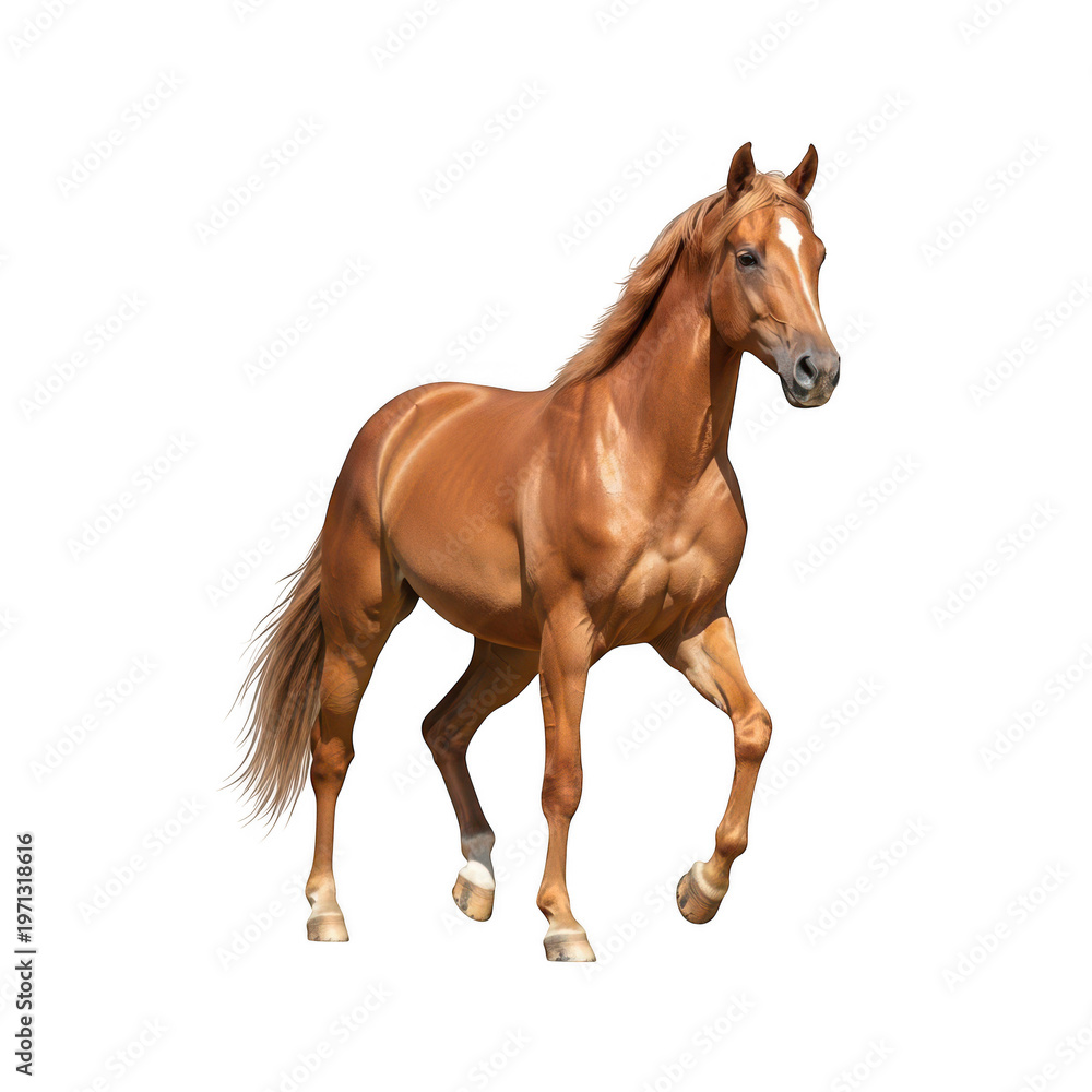Fototapeta premium Graceful brown horse galloping in mid-stride with flowing mane and tail isolated on transparent background