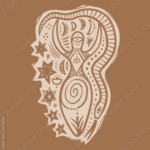 Minimalist Neolithic Mother Goddess, vector clip-art boho sacred feminine abstract figures in linocut engraving style, nature grounding illustration