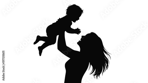 Silhouette of a joyful mother playfully lifting her baby in the air expressing love and happiness in a minimalist isolated art style