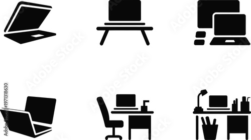 Six Black Icons Of Laptops And Desks On White Background computer office