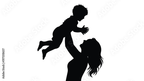 Silhouette of a joyful mother playfully lifting her happy child into the air creating a heartwarming moment of love and connection against a minimalist white background