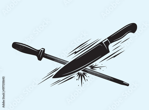 Simple black symbol of a chef knife being sharpened with sparks