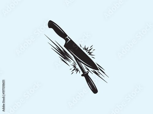 Chef knife silhouette scraping firmly against a metal honing rod