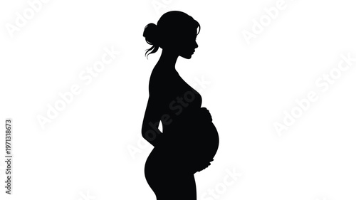 Silhouette of a pregnant woman standing in profile view with a visible baby bump minimalist design isolated on a white background