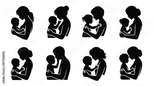Silhouettes of mothers tenderly breastfeeding infants in varied poses showcasing nurturing bond and maternal love in minimalist vector style