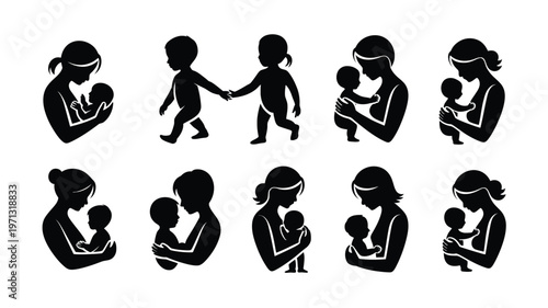 Silhouettes of mothers breastfeeding and caring for infants child development parenting family bonding nurturing maternal love black and white icons