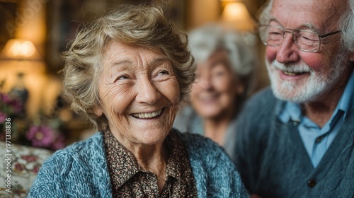 Social worker helping elderly couple at home, cheerful and warm mood