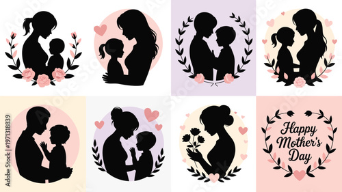 Silhouettes of mothers embracing children in heartwarming poses surrounded by soft pastel backgrounds and floral elements conveying love and family bonding perfect for mother's