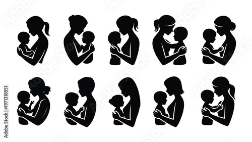 Silhouette illustrations of parents holding children in tender embrace depicting nurturing and family bonding in minimalist black and white design