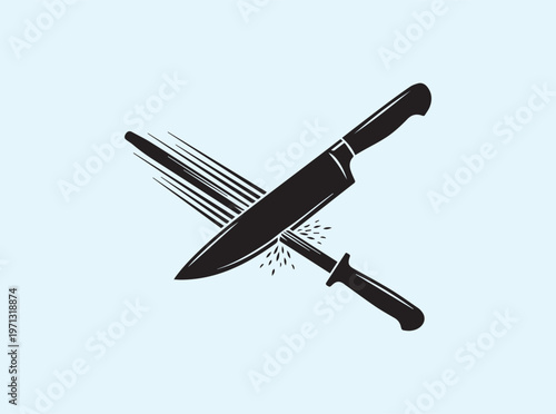 Knife sharpening action silhouette with diagonal motion lines and sparks