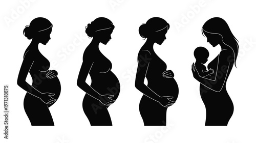 Silhouettes of pregnant women in side profile view showing stages of pregnancy and motherhood black and white design minimalist style vector illustration