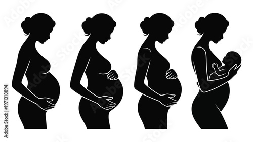Silhouettes of pregnant woman progressing through trimesters and holding newborn baby minimalist style side view maternal care concept