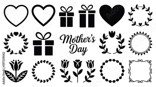Black and white vector illustration of mother's day icons including hearts gift boxes floral wreaths tulips and decorative frames isolated on white background with elegant