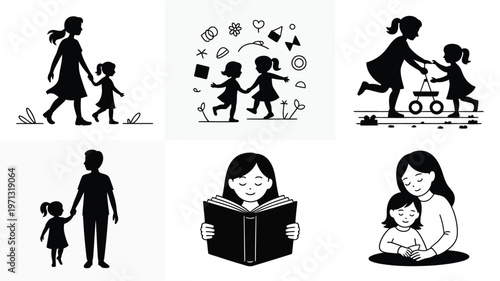 Silhouettes of families and children engaging in playful and nurturing activities depicted in minimalist black and white illustrations with a focus on togetherness and joyful