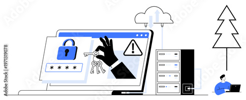 Cybersecurity, data protection, online safety, network threats, privacy, cloud computing. Visual shows a hand holding keys, computer with lock icon and alert symbol. Cybersecurity and data protection