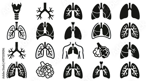 Medical Respiratory System Human Lungs Black Glyph Icons Set