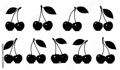 Black cherry fruit vector set with leaves and stems isolated on white background botanical food illustration collection
