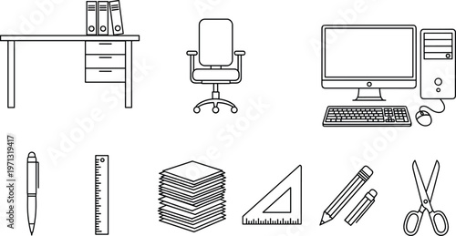 Office supplies and workspace elements vector icon set with desk, computer, chair, stationery tools and business equipment outline illustration