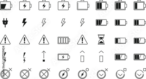 Battery charging energy power icons set electric plug lightning bolt warning signs cad drawing flat vector illustration flavector status collection.