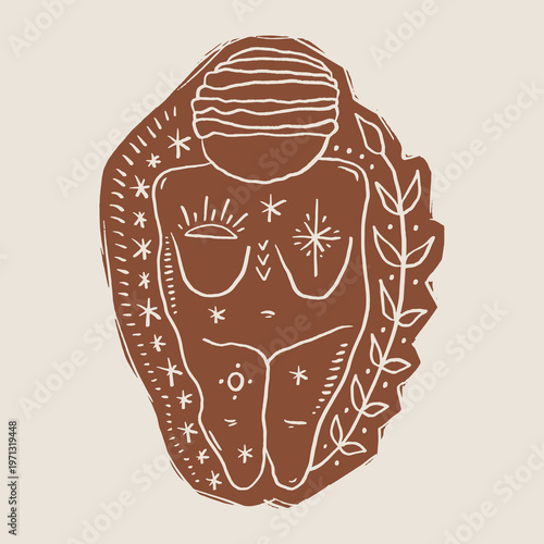 The Paleolithic Mother minimalist Venus of Willendorf linocut with mushrooms hand drawn sketch of stone obese female figurine isolated boho clipart. Sacred woman symbol of fertility matriarch earthy