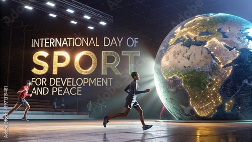 Futuristic stadium scene with runners and glowing earth promoting global unity.
