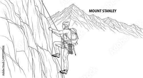 Rock climbing vector illustration with mountaineer ascending cliff, Mount Stanley mountain range background and outdoor adventure line art design