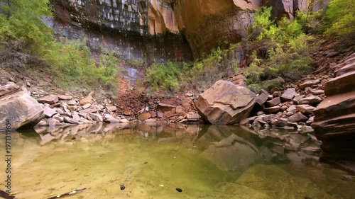 Footage of the serene reflecting pool at the base of the cliff at the Upper Emerald Pools in Zion National Park, Utah. This iconic hiking destination features spring-fed waterfalls and stunning canyon
