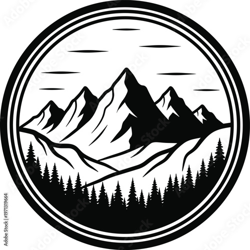 Mountain landscape badge vector illustration with pine forest, peaks and circular emblem design for outdoor adventure logo and nature branding