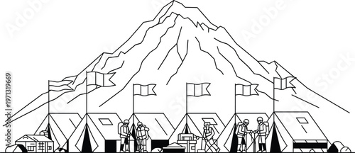 Mountain campsite vector illustration with tents, campers, flags and scenic peak background outdoor adventure line art design