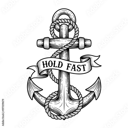 Vintage style engraved anchor wrapped with rope and a flowing banner proclaiming 'Hold Fast', representing maritime tradition and unwavering resolve