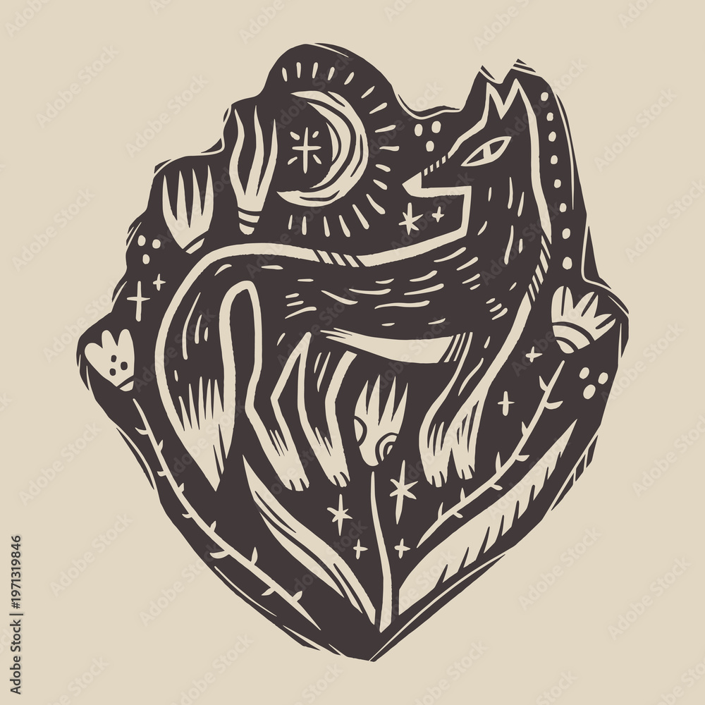 Fototapeta premium Minimalist Folk Fox and Moon Illustration Linocut Style Vector Art Monochrome Clipart