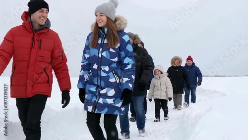 Group of Friends Walking Together in Snowy Winter Landscape.